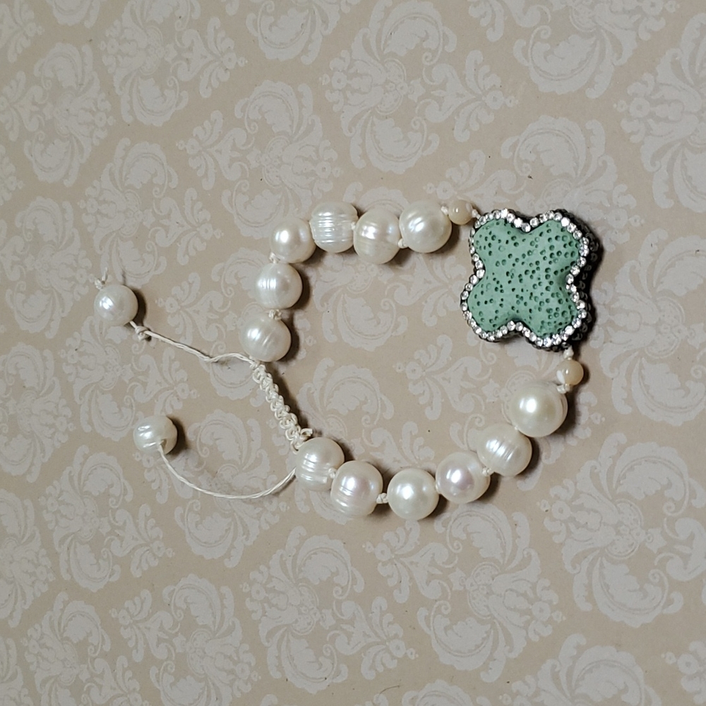 Freshwater Pearl Worthy Handmade Hemp Beaded Bracelet Green Cross Design